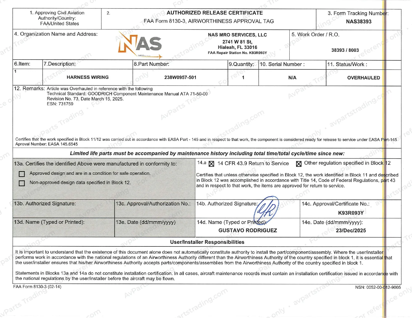 Shop Cert (FAA 8130-3) for 238W0957-501: NAS38393 · FAA 8130-3