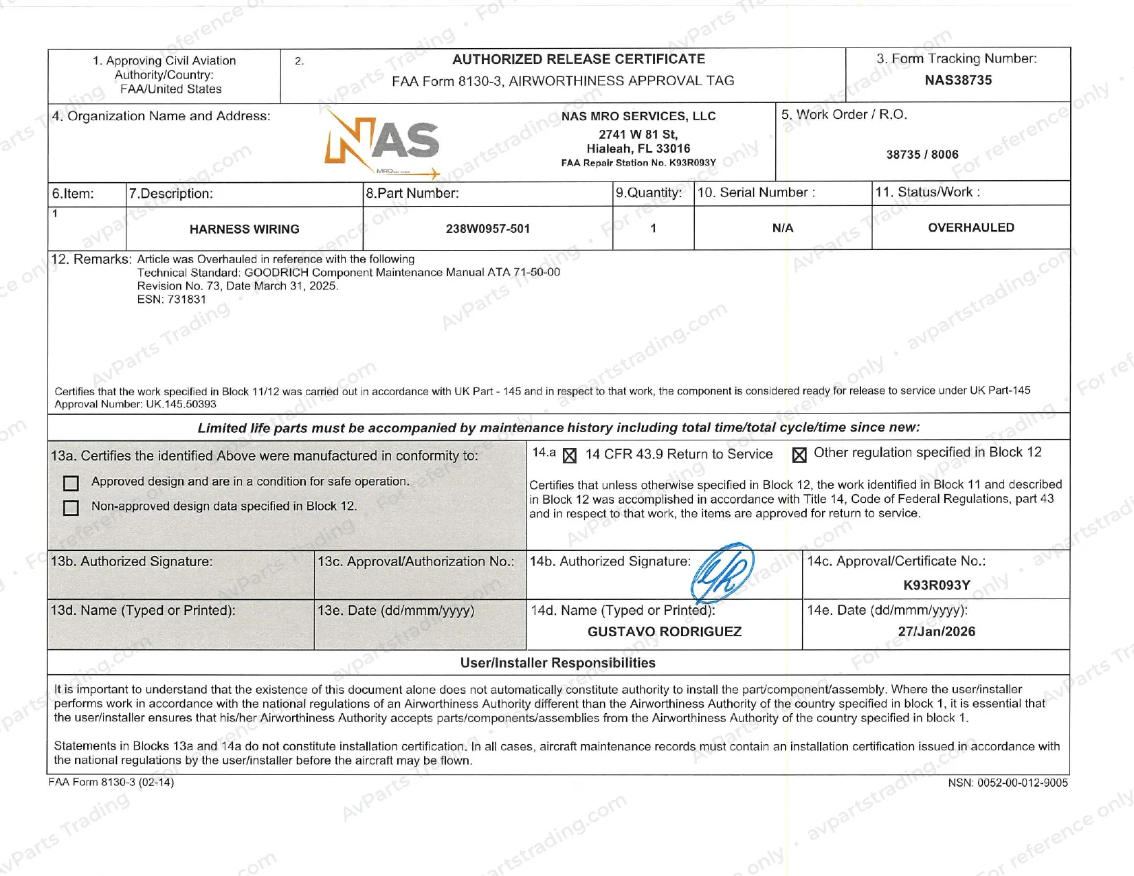 Shop Cert (FAA 8130-3) for 238W0957-501: NAS38735 · FAA 8130-3 (p.1)