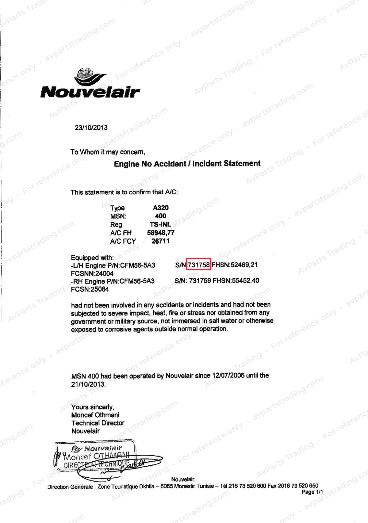 Trace for 238W0957-501: Nouvelair engine no-incident statement · engines 731758 / 731759