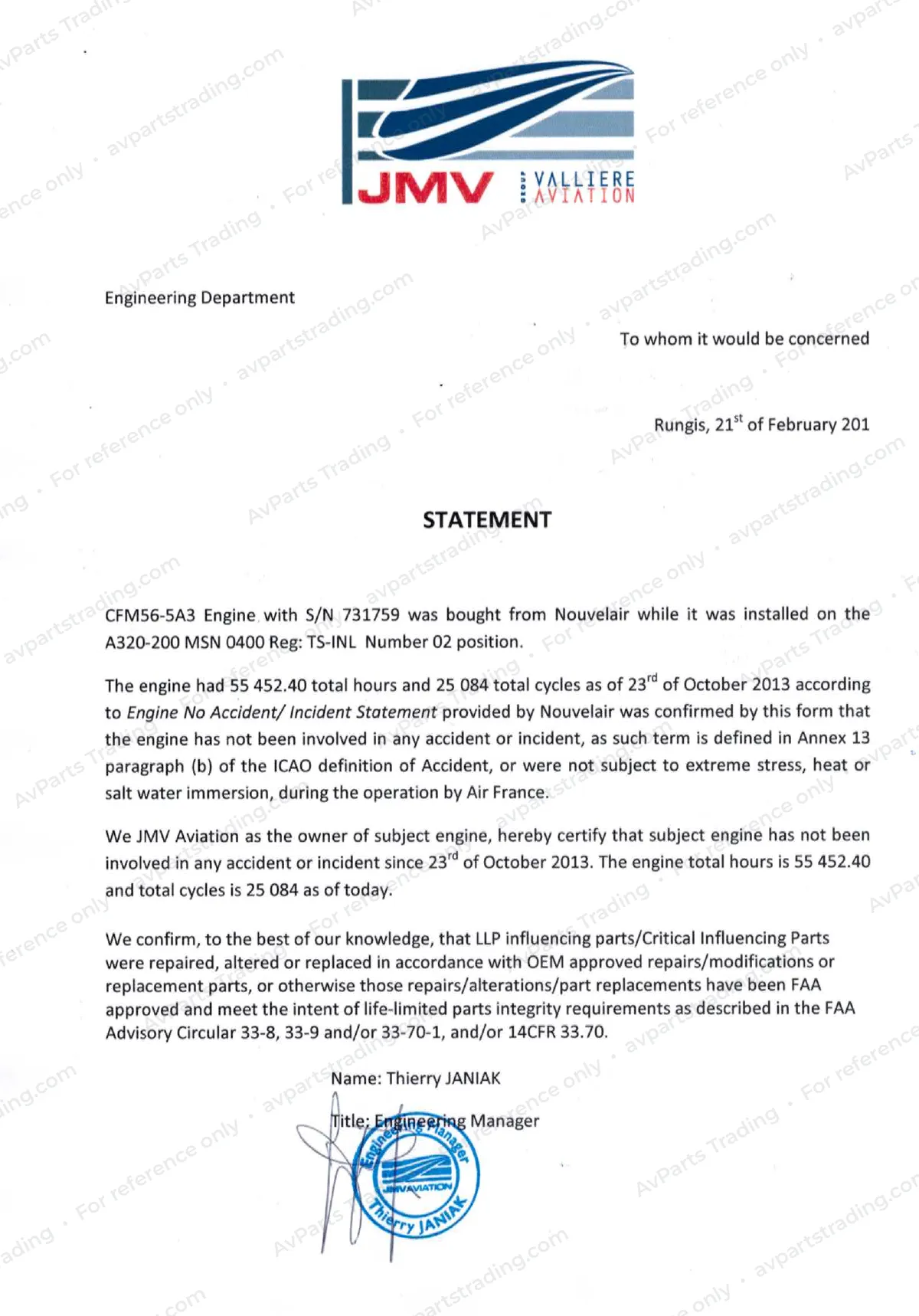 Trace for 238W0957-501: JMV Aviation engine statement · engine 731759