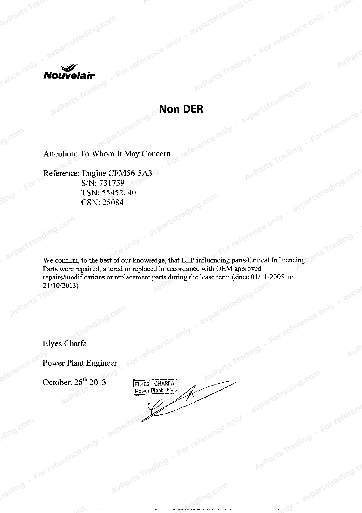 Trace for 238W0957-501: Nouvelair statement · engine 731759