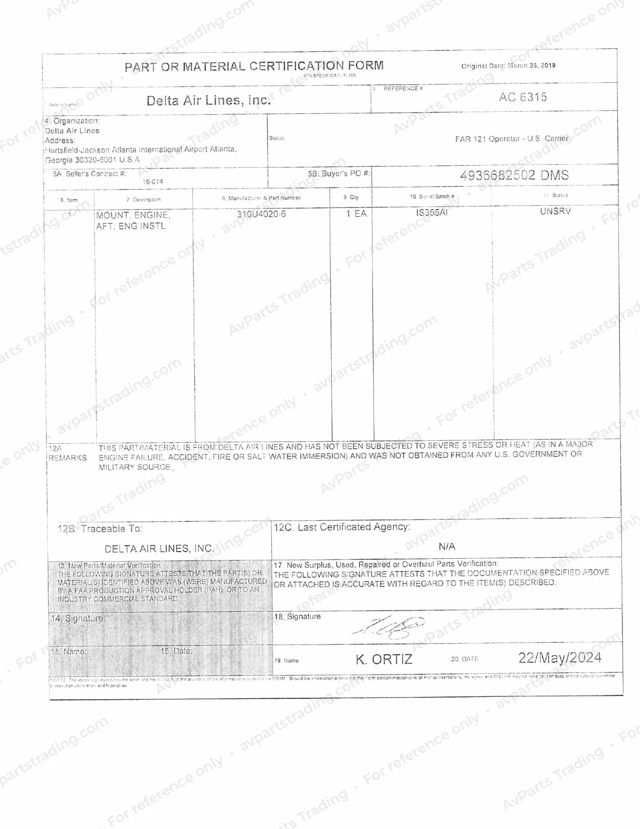 Trace for 310U4020-6: Delta Air Lines ATA 106 · S/N IS355AI
