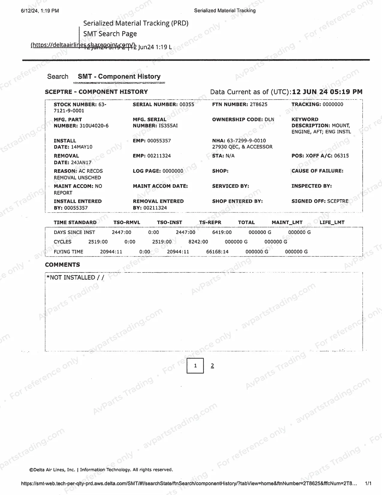 Trace for 310U4020-6: Delta component history · S/N IS355AI