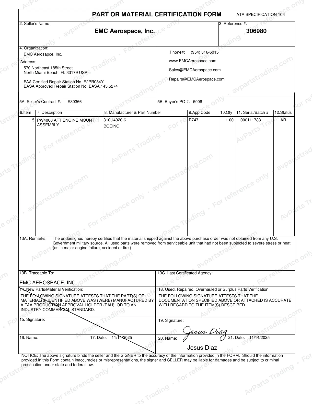 Trace for 310U4020-6: EMC Aerospace ATA 106 · S/N 000111783