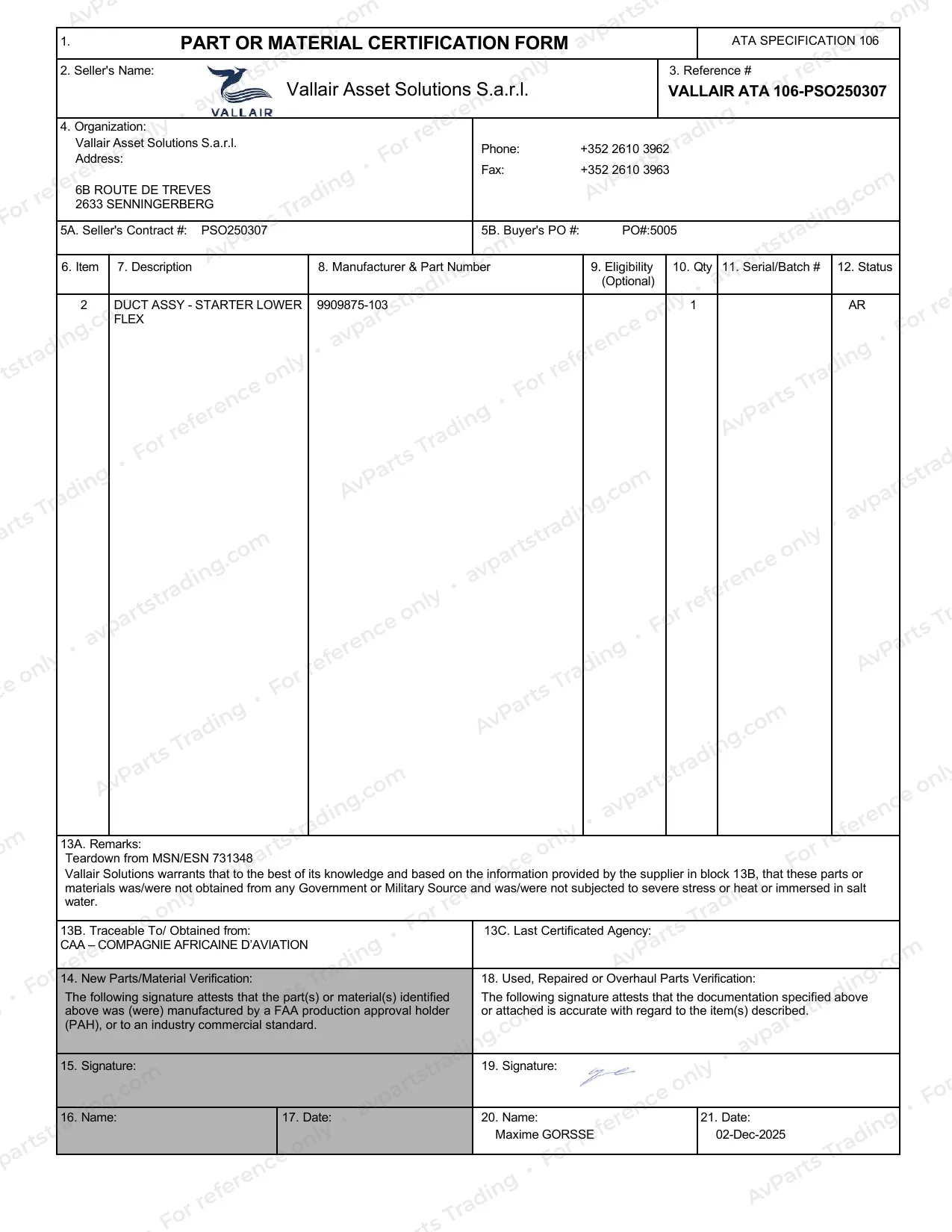 Trace for 9909875-103: Vallair ATA 106 PSO250307 · shared lot record 5