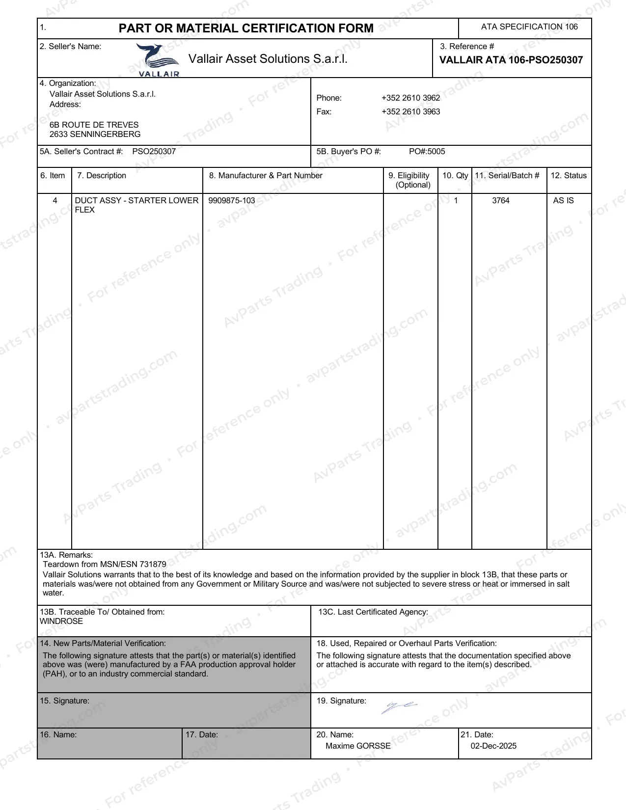 Trace for 9909875-103: Vallair ATA 106 PSO250307 · shared lot record 6