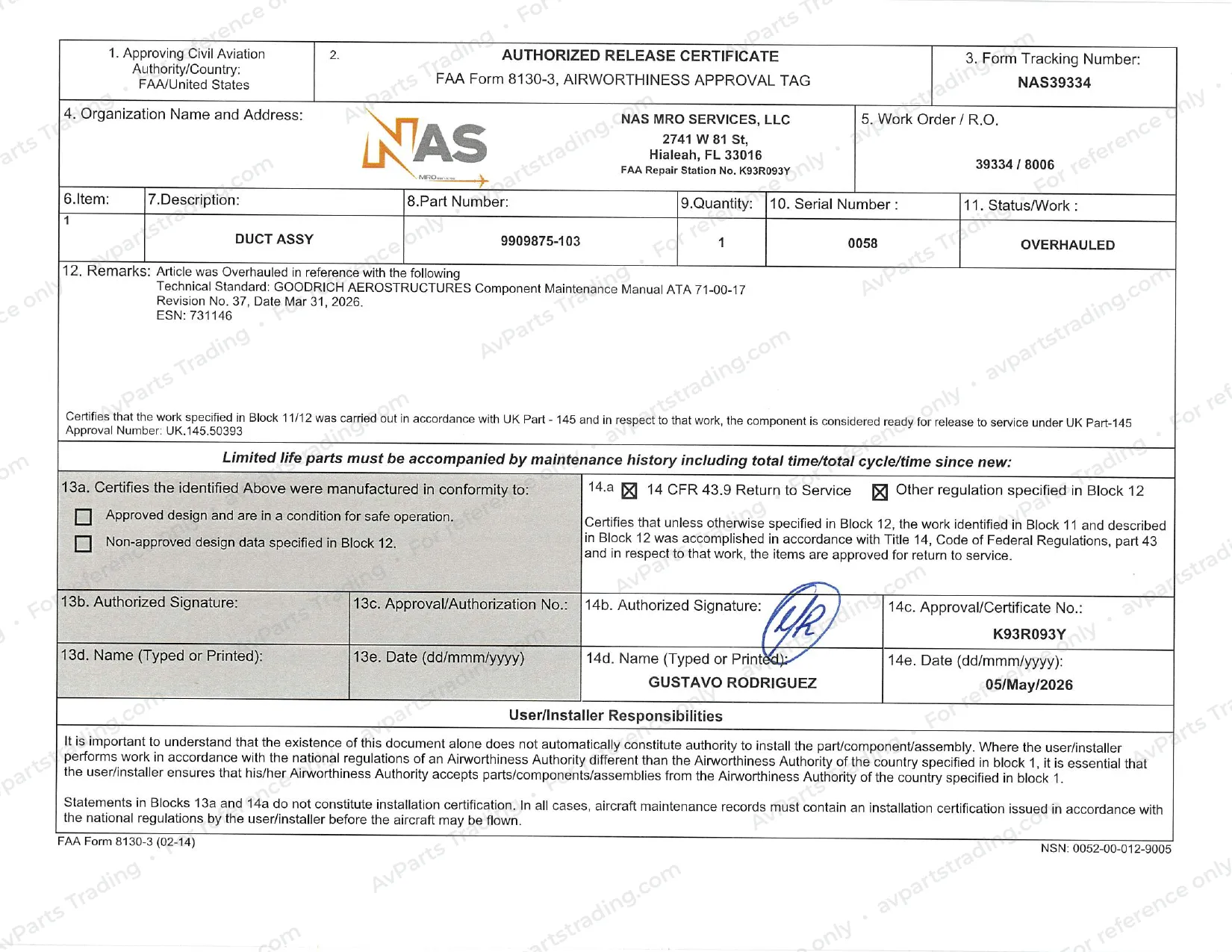 Shop Cert (FAA 8130-3) for 9909875-103: NAS39334 · S/N 0058 · FAA 8130-3 (p.1)