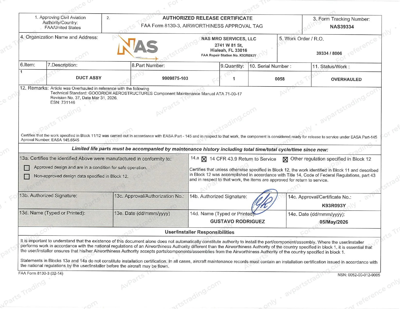 Shop Cert (FAA 8130-3) for 9909875-103: NAS39334 · S/N 0058 · FAA 8130-3 (p.2)