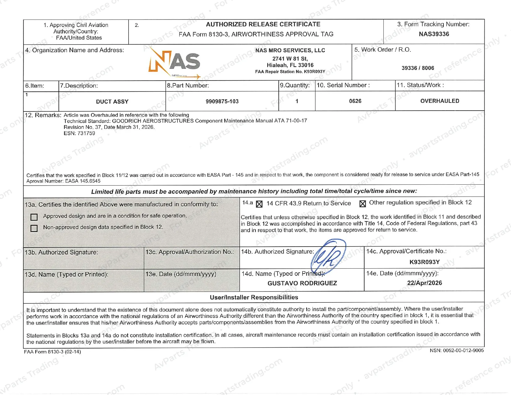 Shop Cert (FAA 8130-3) for 9909875-103: NAS39336 · S/N 0626 · FAA 8130-3