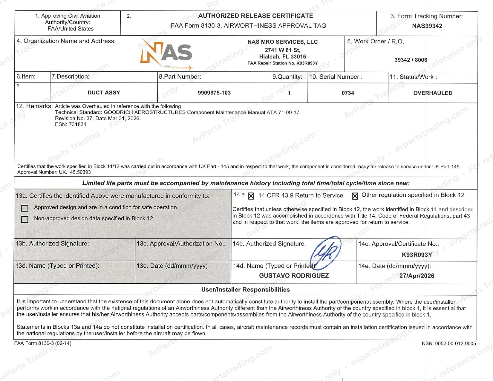 Shop Cert (FAA 8130-3) for 9909875-103: NAS39342 · S/N 0734 · FAA 8130-3 (p.1)