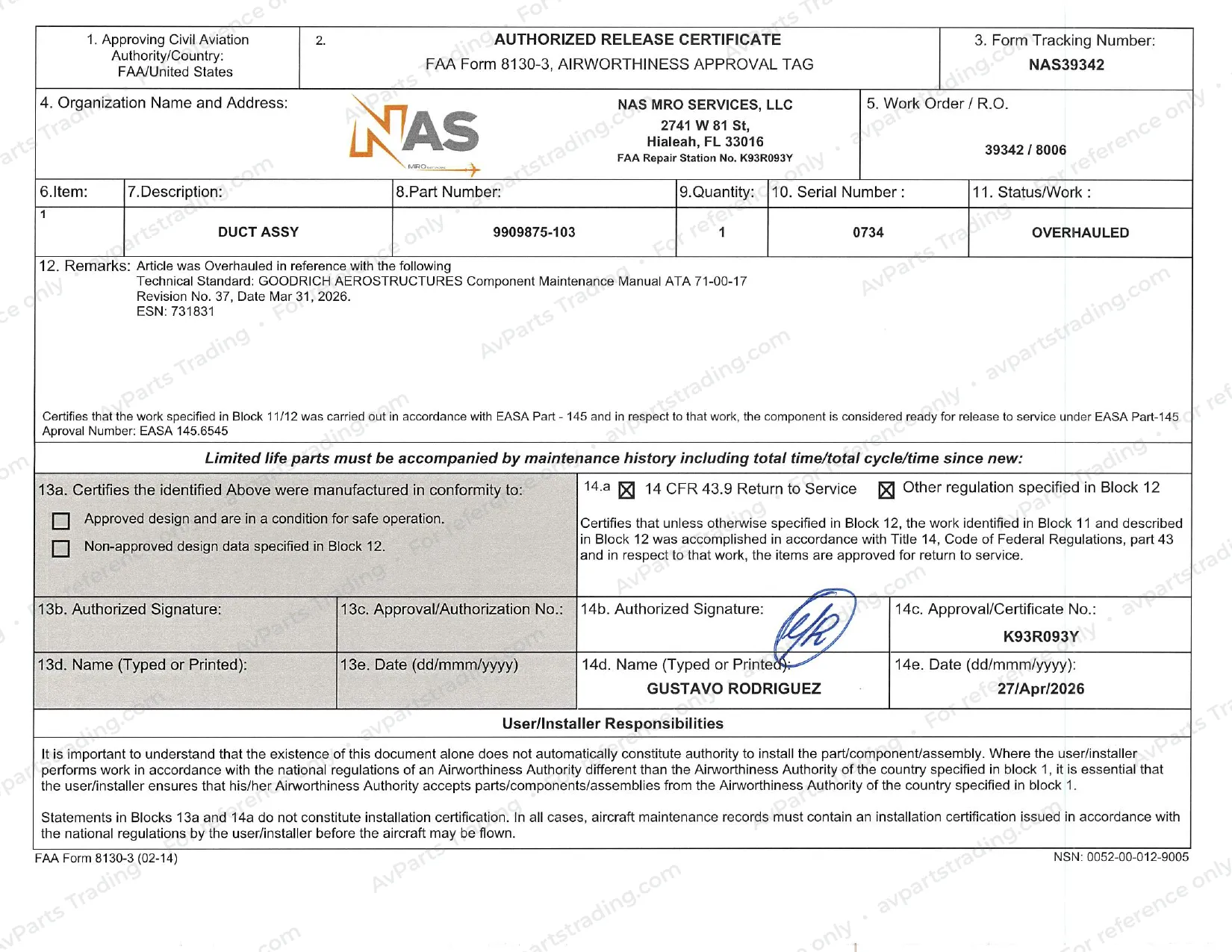 Shop Cert (FAA 8130-3) for 9909875-103: NAS39342 · S/N 0734 · FAA 8130-3 (p.2)